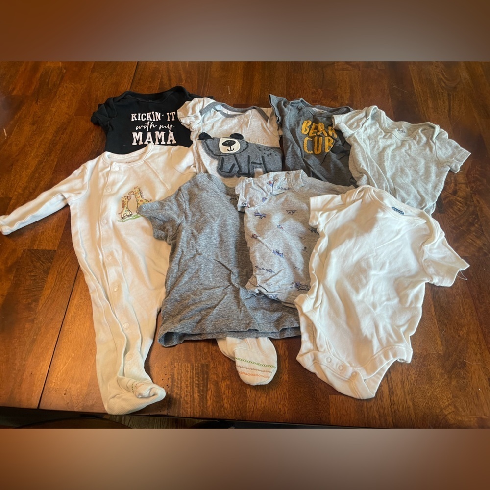 Bundle of 8 assorted brands carters little me Gray and Cream Baby One piece